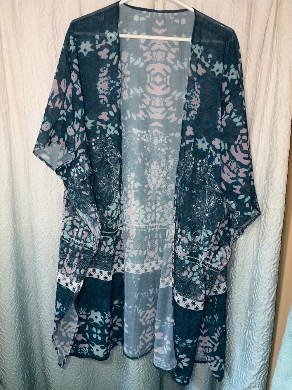 Lightweight Floral Print Kimono Jacket - Navy & Pink
